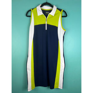 IZOD Golf Dress Women’s Medium Sleeveless Polo Zip Front Navy Lime White Pockets